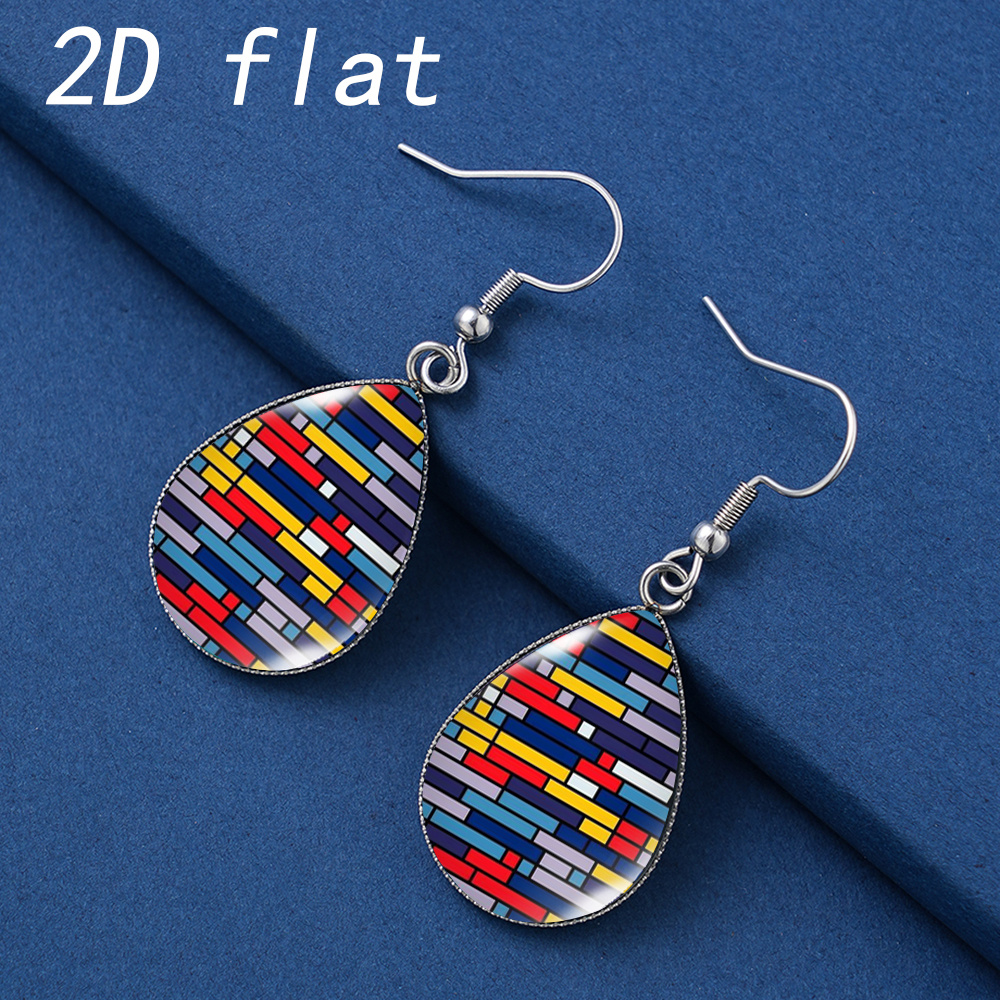 Colorful Geometric Brick Pattern Faux Gemstone Glass Teardrop Earrings